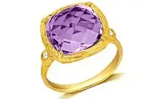 Cushion-cut lavender amethyst ring set in a hand-textured 14k yellow gold frame with two round brilliant diamond accents