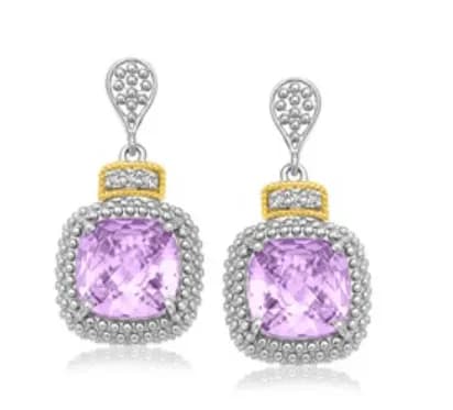 Two-tone drop earrings with pale lilac cushion checkerboard-cut amethyst framed by a beaded sterling silver halo and an 18k gold bar set with white diamonds